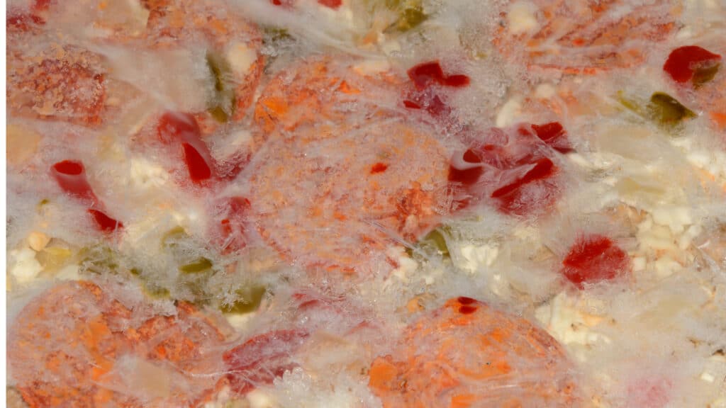 Crystallized pizza in freezer