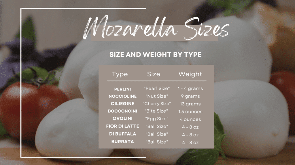 mozzarella sizes infographic