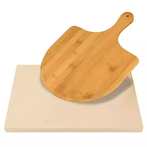 Pizza Stone for Oven and Grill, FREE Wooden Pizza Peel Paddle,  Thermal Shock Resistant