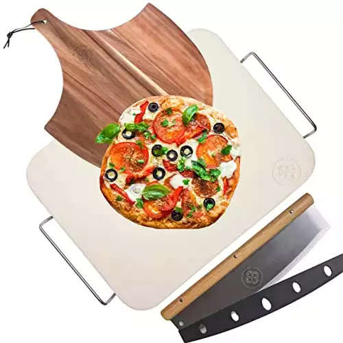 Pizza Stone for Oven and Grill with Wooden Pizza Peel Paddle & Pizza Cutter Set