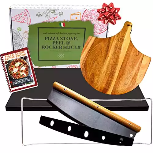 Black Pizza Stone for Oven and Grill with Wood Pizza Peel & Pizza Cutter